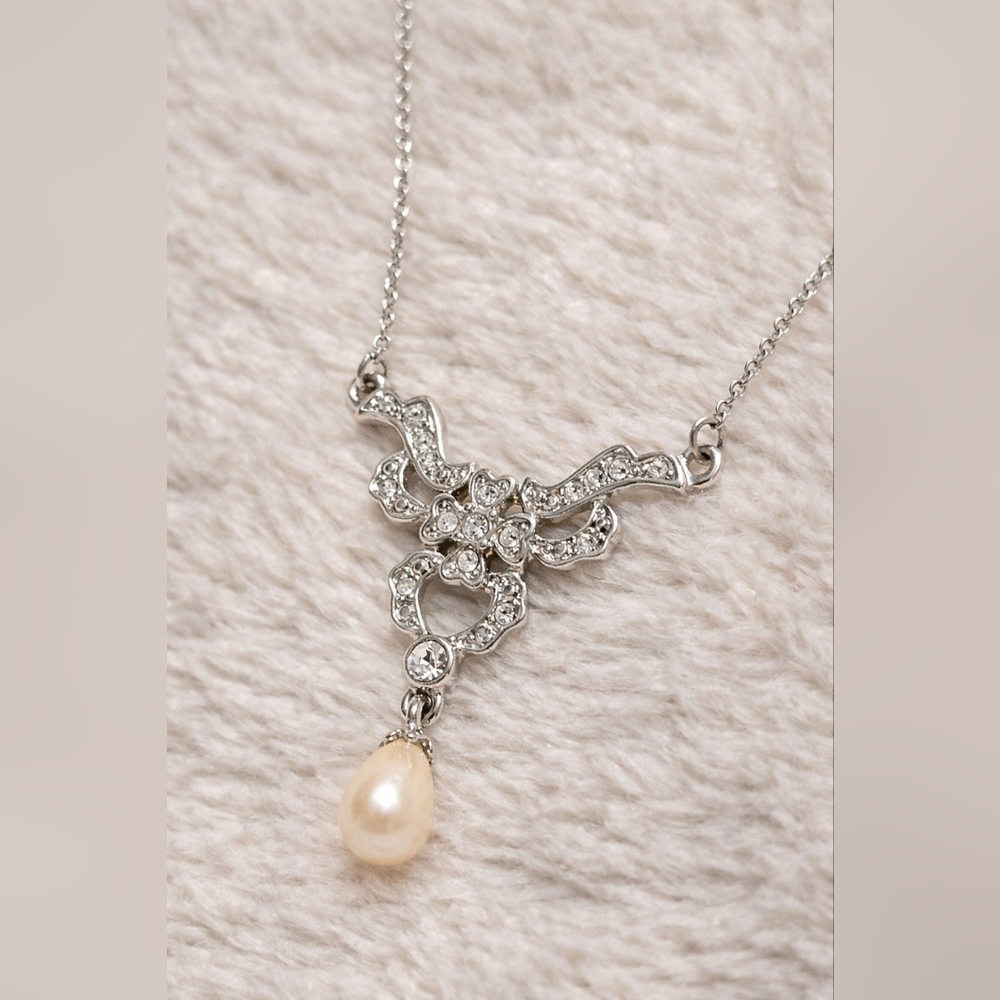 Vintage Monet Rhinestone Lavalier Necklace Faux Pearl Drop Silver Tone